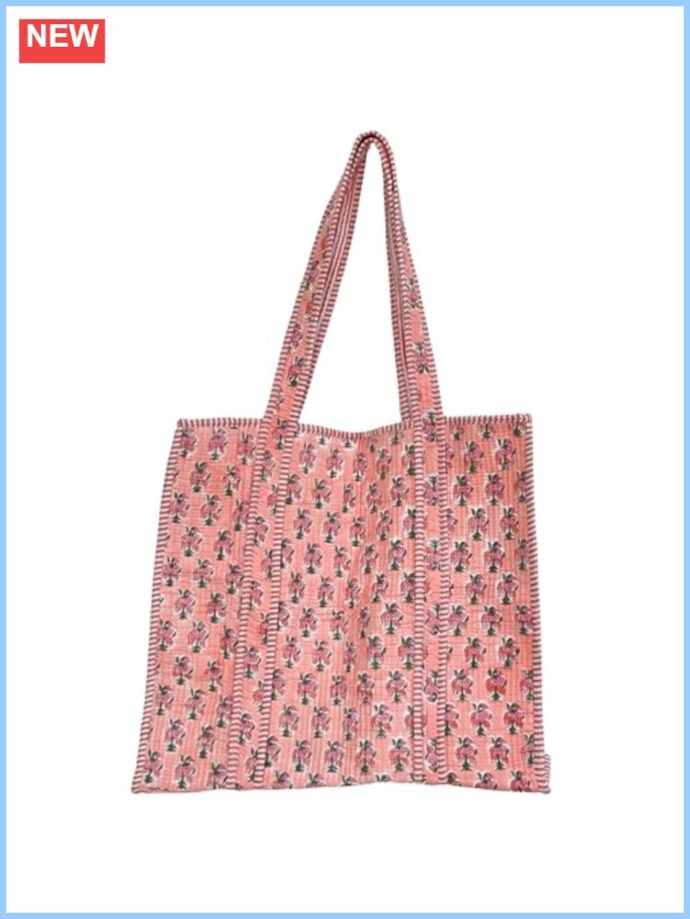 Hand Block Print Quilted 100% Cotton Large Tote Bag with Zipper & Pocket